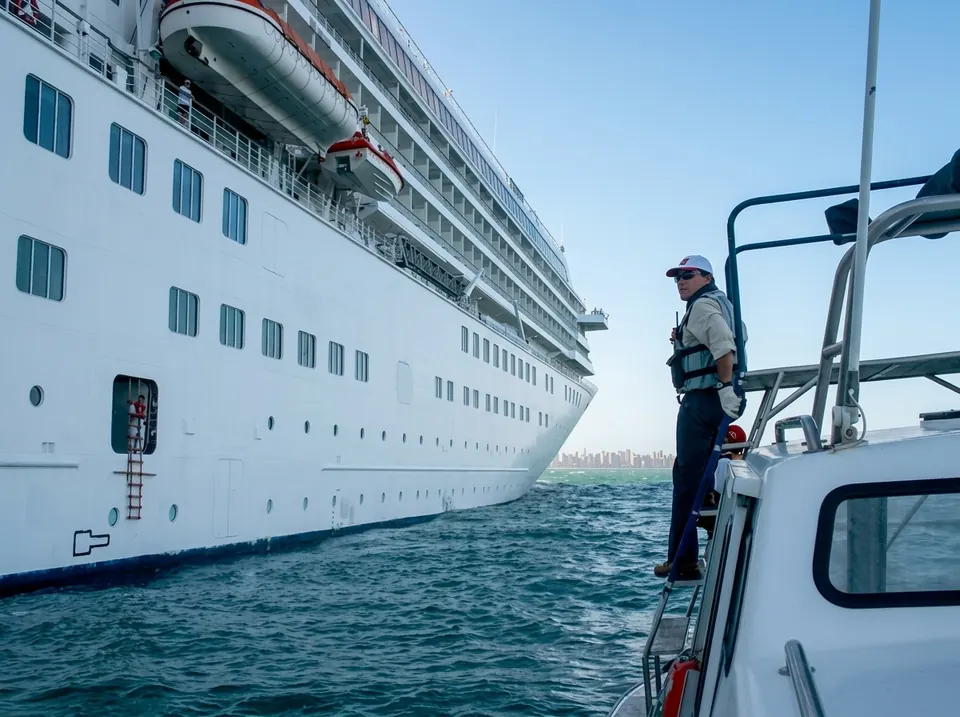 Pilot boarding the cruise ship Crystal Harmony with Fortaleza in the background