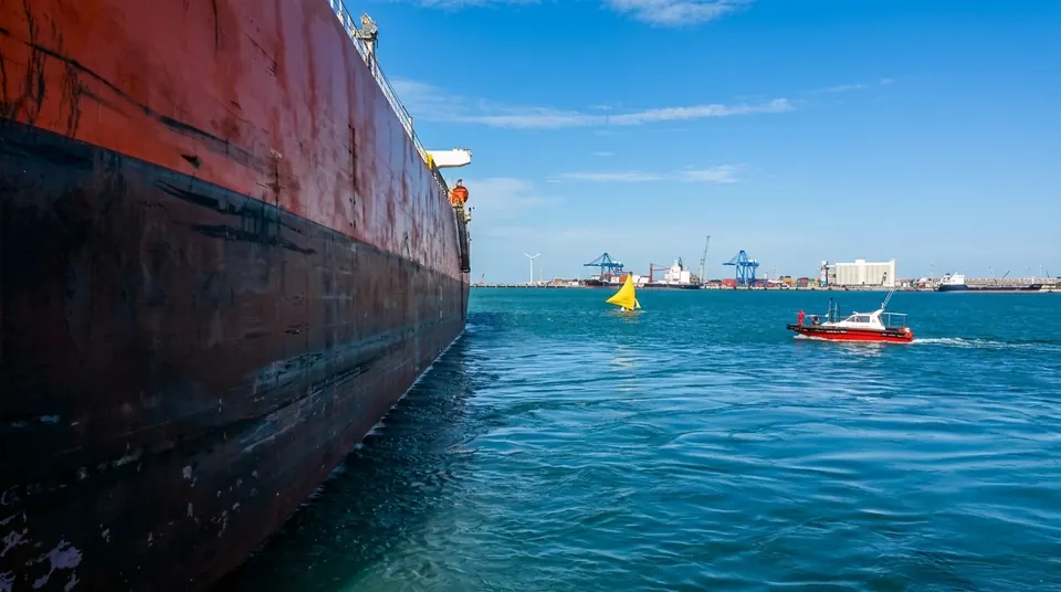 Pilot launch en route, alongside a vessel at the Port of Pecém