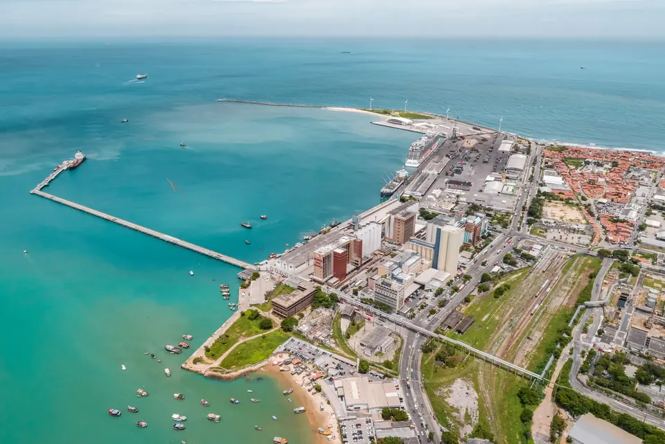 Aerial view of the Port of Mucuripe showing the breakwater, quays and the city of Fortaleza