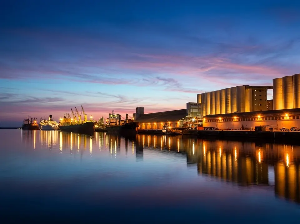 Port of Mucuripe at dusk with grain silos and moored vessels