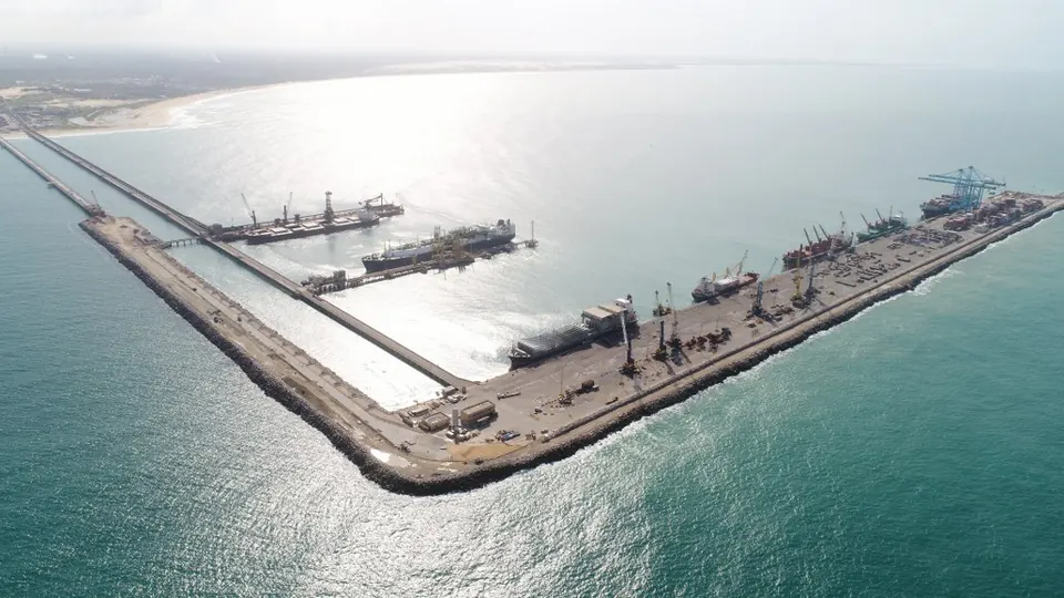 Aerial view of the Pecém Port Complex showing the breakwater and berths