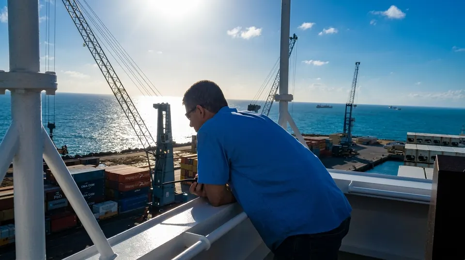 Pilot on the bridge overseeing port operations at Pecém